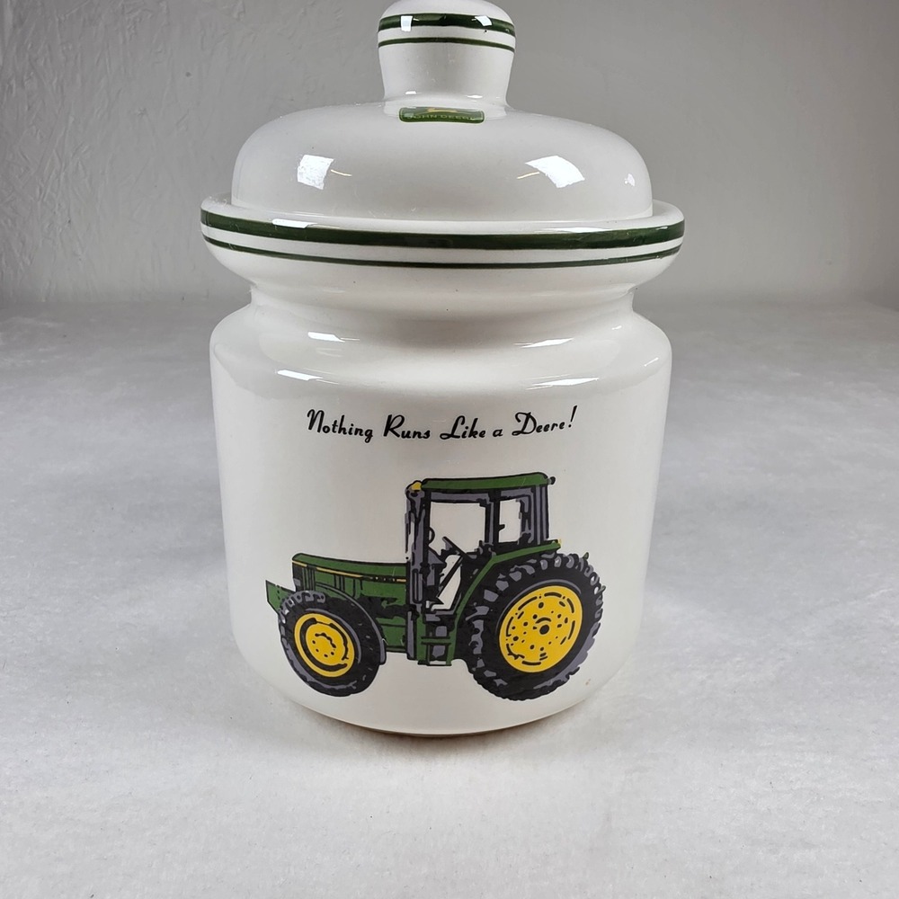 John Deere Gibson Ceramic CookieJar Nothing Runs Like a Deere Tractor WhiteGreen